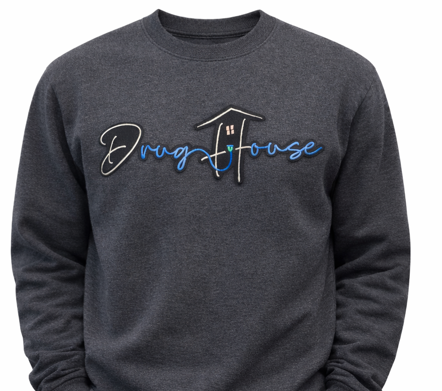 DrugHouse Embroidered Patch Crewneck Sweatshirt – Heather Grey(Small)