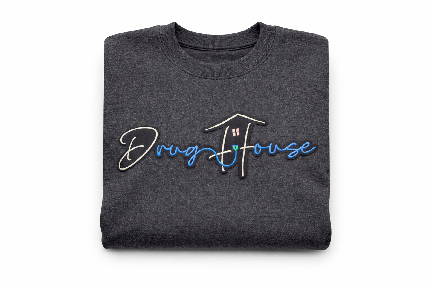 DrugHouse Embroidered Patch Crewneck Sweatshirt – Heather Grey(Small)